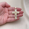 Oro Laminado Religious Pendant, Gold Filled Style Cross Design, with White Micro Pave, Polished, Golden Finish, 05.253.0155