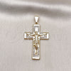 Oro Laminado Religious Pendant, Gold Filled Style Cross Design, with White Micro Pave, Polished, Golden Finish, 05.253.0155