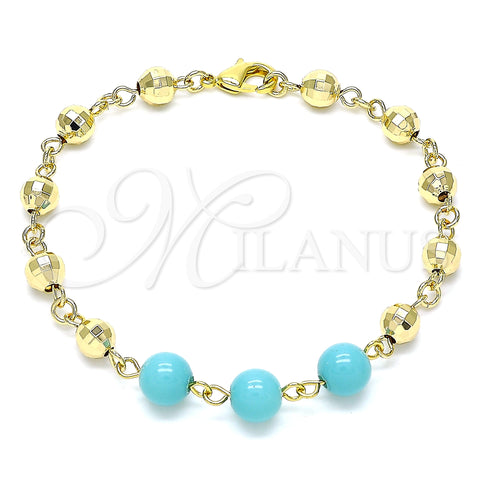 Oro Laminado Fancy Bracelet, Gold Filled Style Ball Design, with Turquoise Pearl, Diamond Cutting Finish, Golden Finish, 03.63.2224.1.08 (06 MM Thickness, 8 Inches Length)