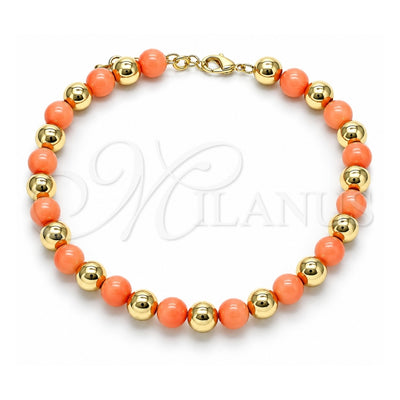 Oro Laminado Fancy Anklet, Gold Filled Style Ball Design, with Pink Pearl, Polished, Golden Finish, 03.63.2225.2.10 (08 MM Thickness, 10 Inches Length)