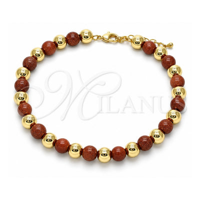 Oro Laminado Fancy Anklet, Gold Filled Style Ball Design, with Brown Goldstone Venturina, Polished, Golden Finish, 03.63.2225.3.10 (08 MM Thickness, 10 Inches Length)
