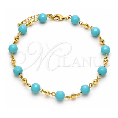 Oro Laminado Fancy Anklet, Gold Filled Style Ball Design, with Turquoise Pearl, Polished, Golden Finish, 03.63.2226.1.10 (08 MM Thickness, 10 Inches Length)