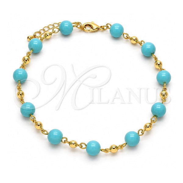 Oro Laminado Fancy Anklet, Gold Filled Style Ball Design, with Turquoise Pearl, Polished, Golden Finish, 03.63.2226.1.10 (08 MM Thickness, 10 Inches Length)