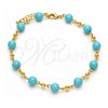 Oro Laminado Fancy Anklet, Gold Filled Style Ball Design, with Turquoise Pearl, Polished, Golden Finish, 03.63.2226.1.10 (08 MM Thickness, 10 Inches Length)
