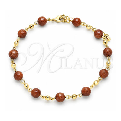 Oro Laminado Fancy Anklet, Gold Filled Style Ball Design, with Brown Goldstone Venturina, Polished, Golden Finish, 03.63.2226.3.10 (08 MM Thickness, 10 Inches Length)