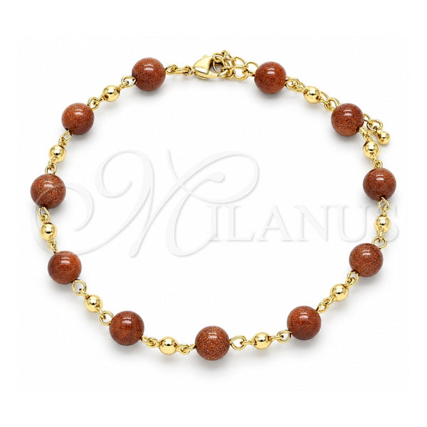 Oro Laminado Fancy Anklet, Gold Filled Style Ball Design, with Brown Goldstone Venturina, Polished, Golden Finish, 03.63.2226.3.10 (08 MM Thickness, 10 Inches Length)