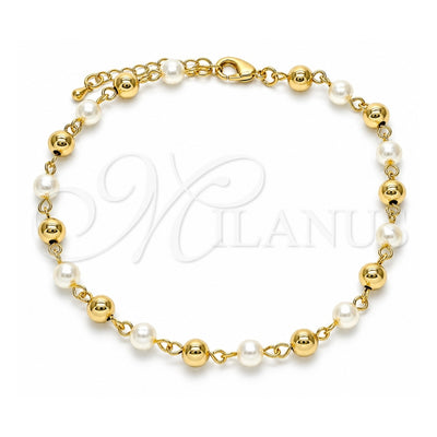 Oro Laminado Fancy Anklet, Gold Filled Style Ball Design, with Ivory Pearl, Polished, Golden Finish, 03.63.2227.10 (06 MM Thickness, 10 Inches Length)