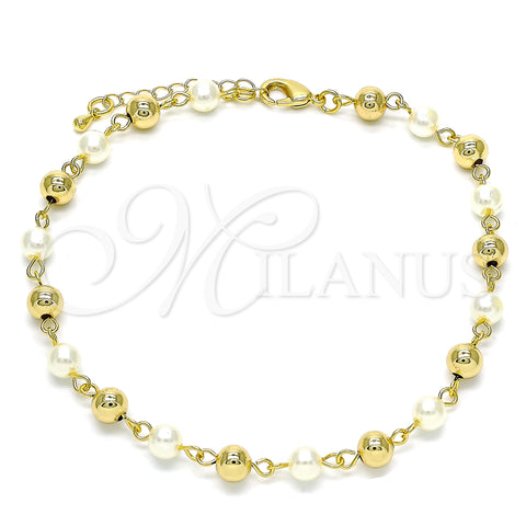 Oro Laminado Fancy Anklet, Gold Filled Style Ball Design, with Ivory Pearl, Polished, Golden Finish, 03.63.2227.10 (06 MM Thickness, 10 Inches Length)