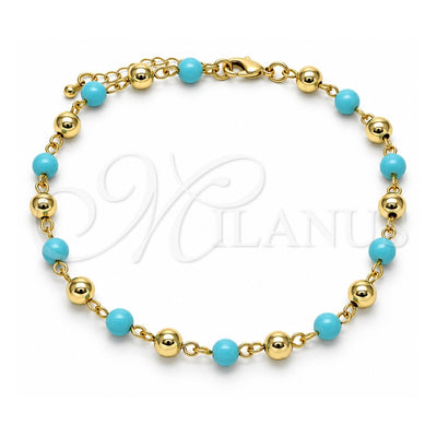 Oro Laminado Fancy Anklet, Gold Filled Style Ball Design, with Turquoise Pearl, Polished, Golden Finish, 03.63.2227.1.10 (06 MM Thickness, 10 Inches Length)