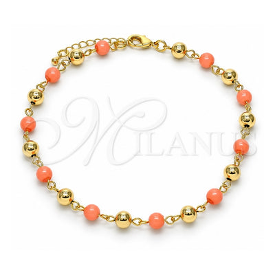 Oro Laminado Fancy Anklet, Gold Filled Style Ball Design, with Pink Pearl, Polished, Golden Finish, 03.63.2227.2.10 (06 MM Thickness, 10 Inches Length)
