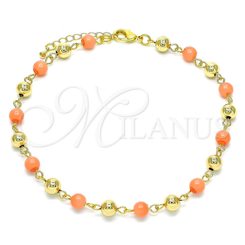 Oro Laminado Fancy Anklet, Gold Filled Style Ball Design, with Pink Pearl, Polished, Golden Finish, 03.63.2227.2.10 (06 MM Thickness, 10 Inches Length)