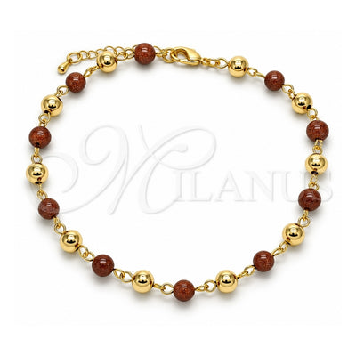 Oro Laminado Fancy Anklet, Gold Filled Style Ball Design, with Brown Goldstone Venturina, Polished, Golden Finish, 03.63.2227.3.10 (06 MM Thickness, 10 Inches Length)