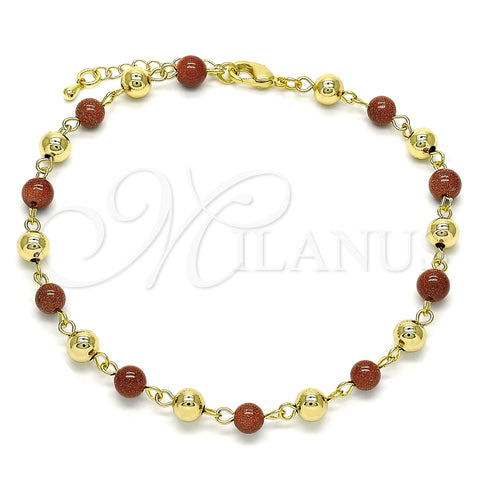 Oro Laminado Fancy Anklet, Gold Filled Style Ball Design, with Brown Goldstone Venturina, Polished, Golden Finish, 03.63.2227.3.10 (06 MM Thickness, 10 Inches Length)