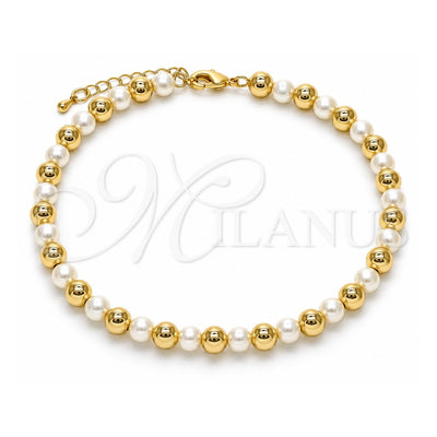 Oro Laminado Fancy Anklet, Gold Filled Style Ball Design, with Ivory Pearl, Polished, Golden Finish, 03.63.2228.10 (06 MM Thickness, 10 Inches Length)