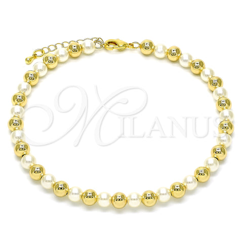 Oro Laminado Fancy Anklet, Gold Filled Style Ball Design, with Ivory Pearl, Polished, Golden Finish, 03.63.2228.10 (06 MM Thickness, 10 Inches Length)