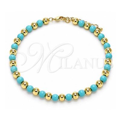 Oro Laminado Fancy Anklet, Gold Filled Style Ball Design, with Turquoise Pearl, Polished, Golden Finish, 03.63.2228.1.10 (06 MM Thickness, 10 Inches Length)