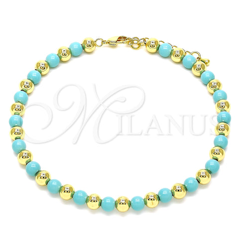 Oro Laminado Fancy Anklet, Gold Filled Style Ball Design, with Turquoise Pearl, Polished, Golden Finish, 03.63.2228.1.10 (06 MM Thickness, 10 Inches Length)