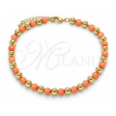Oro Laminado Fancy Anklet, Gold Filled Style Ball Design, with Pink Pearl, Polished, Golden Finish, 03.63.2228.2.10 (06 MM Thickness, 10 Inches Length)