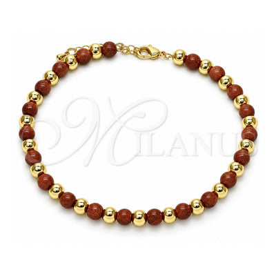 Oro Laminado Fancy Anklet, Gold Filled Style Ball Design, with Brown Goldstone Venturina, Polished, Golden Finish, 03.63.2228.3.10 (06 MM Thickness, 10 Inches Length)