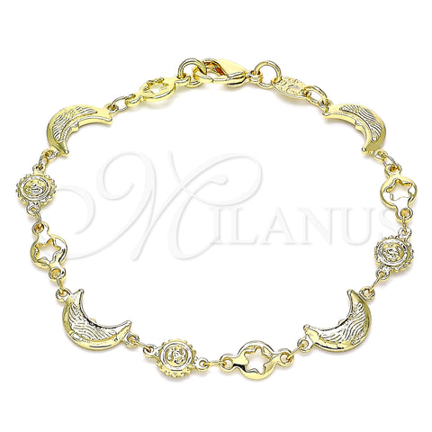 Oro Laminado Fancy Bracelet, Gold Filled Style Moon and Sun Design, Polished, Golden Finish, 03.326.0020.07 (08 MM Thickness, 7 Inches Length)