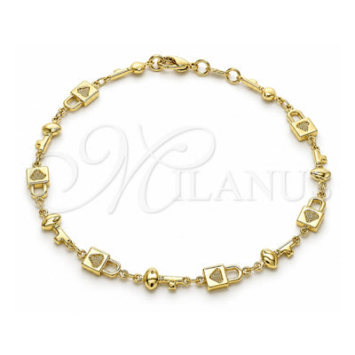 Oro Laminado Fancy Anklet, Gold Filled Style Lock and key Design, Polished, Golden Finish, 03.326.0021.10 (08 MM Thickness, 10 Inches Length)
