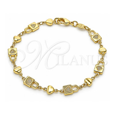 Oro Laminado Fancy Bracelet, Gold Filled Style Lock and Heart Design, Polished, Golden Finish, 03.326.0022.08 (06 MM Thickness, 8 Inches Length)
