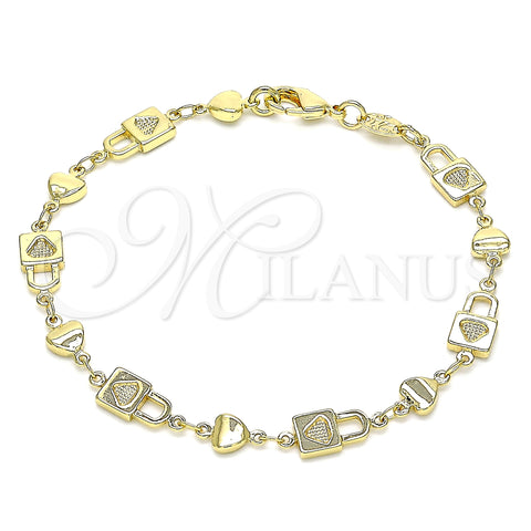 Oro Laminado Fancy Bracelet, Gold Filled Style Lock and Heart Design, Polished, Golden Finish, 03.326.0022.08 (06 MM Thickness, 8 Inches Length)