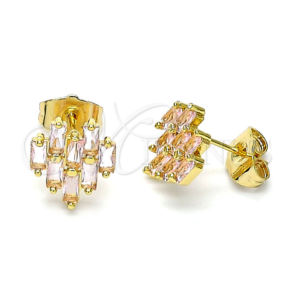 Oro Laminado Stud Earring, Gold Filled Style Baguette Design, with Pink Cubic Zirconia, Polished, Golden Finish, 02.310.0053.1