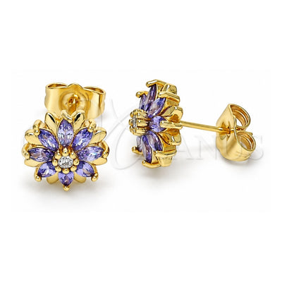 Oro Laminado Stud Earring, Gold Filled Style Flower Design, with Amethyst and White Cubic Zirconia, Polished, Golden Finish, 02.310.0023.1
