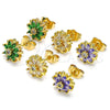 Oro Laminado Stud Earring, Gold Filled Style Flower Design, with Amethyst and White Cubic Zirconia, Polished, Golden Finish, 02.310.0023.1
