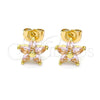 Oro Laminado Stud Earring, Gold Filled Style Flower Design, with Pink Cubic Zirconia, Polished, Golden Finish, 02.310.0024.1