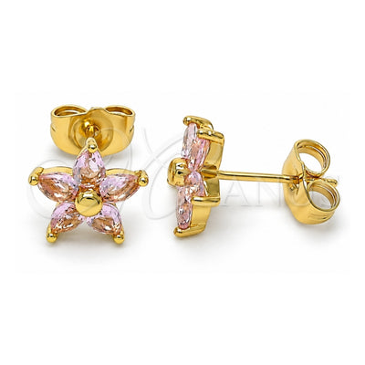 Oro Laminado Stud Earring, Gold Filled Style Flower Design, with Pink Cubic Zirconia, Polished, Golden Finish, 02.310.0024.1