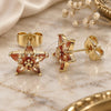 Oro Laminado Stud Earring, Gold Filled Style Star and Floral Design, with Dark Champagne Cubic Zirconia, Polished, Golden Finish, 02.310.0060
