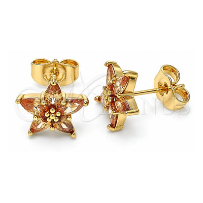 Oro Laminado Stud Earring, Gold Filled Style Star and Floral Design, with Dark Champagne Cubic Zirconia, Polished, Golden Finish, 02.310.0060