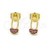 Oro Laminado Stud Earring, Gold Filled Style Paperclip Design, with Ruby Micro Pave, Polished, Golden Finish, 02.310.0070