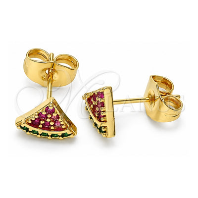 Oro Laminado Stud Earring, Gold Filled Style Watermelon Design, with Ruby and Green Micro Pave, Polished, Golden Finish, 02.310.0073