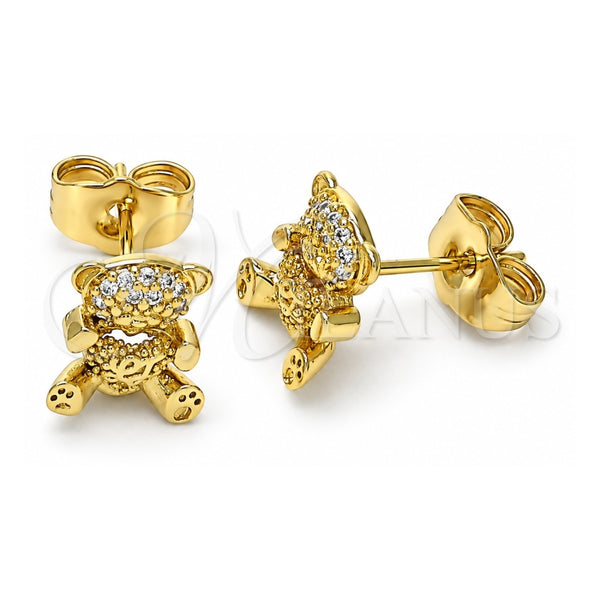 Oro Laminado Stud Earring, Gold Filled Style Teddy Bear Design, with White Micro Pave, Polished, Golden Finish, 02.310.0079