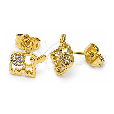 Oro Laminado Stud Earring, Gold Filled Style Elephant Design, with White Micro Pave, Polished, Golden Finish, 02.310.0080