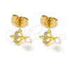 Oro Laminado Stud Earring, Gold Filled Style with White Micro Pave and Ivory Pearl, Polished, Golden Finish, 02.310.0084