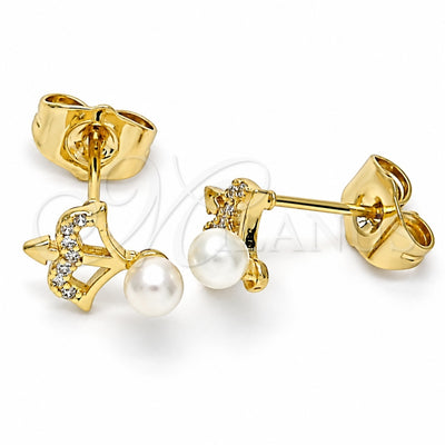 Oro Laminado Stud Earring, Gold Filled Style with White Micro Pave and Ivory Pearl, Polished, Golden Finish, 02.310.0084