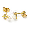 Oro Laminado Stud Earring, Gold Filled Style with White Micro Pave and Ivory Pearl, Polished, Golden Finish, 02.310.0084