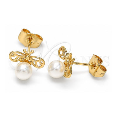 Oro Laminado Stud Earring, Gold Filled Style Bee Design, with Ivory Pearl, Polished, Golden Finish, 02.310.0087