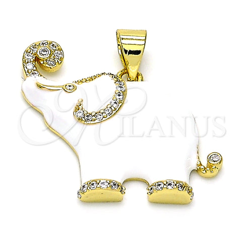 Oro Laminado Fancy Pendant, Gold Filled Style Elephant Design, with White Micro Pave, White Enamel Finish, Golden Finish, 05.362.0003