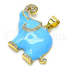 Oro Laminado Fancy Pendant, Gold Filled Style Elephant Design, with White Micro Pave, Azul claro Enamel Finish, Golden Finish, 05.362.0003.4