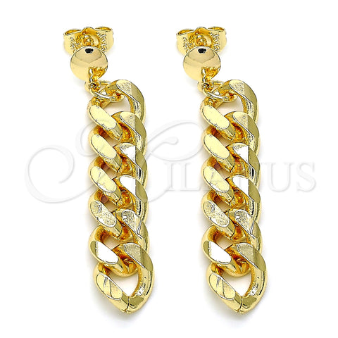 Oro Laminado Long Earring, Gold Filled Style Miami Cuban Design, Polished, Golden Finish, 02.63.2734