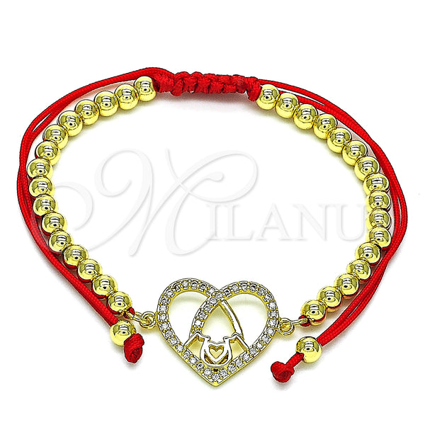 Oro Laminado Adjustable Bolo Bracelet, Gold Filled Style Mom and Heart Design, with White Micro Pave, Polished, Golden Finish, 03.381.0036.11 (04 MM Thickness, 11 Inches Length)