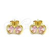 Oro Laminado Stud Earring, Gold Filled Style Bow Design, with Pink Cubic Zirconia, Polished, Golden Finish, 02.213.0361