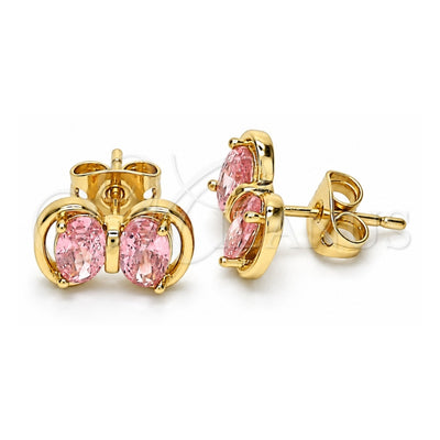 Oro Laminado Stud Earring, Gold Filled Style Bow Design, with Pink Cubic Zirconia, Polished, Golden Finish, 02.213.0361