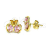 Oro Laminado Stud Earring, Gold Filled Style Bow Design, with Pink Cubic Zirconia, Polished, Golden Finish, 02.213.0361