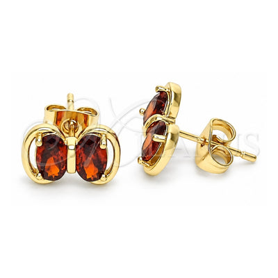 Oro Laminado Stud Earring, Gold Filled Style Bow Design, with Garnet Cubic Zirconia, Polished, Golden Finish, 02.213.0361.1